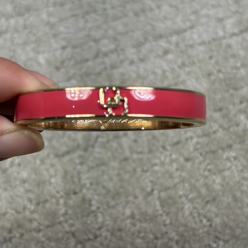 LOVE CHICO'S Hinged Enamel Bracelet Coral Pink Enamel Gold Metal CC Logo